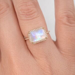 14K Rose Gold | Moonstone & Diamond Halo Ring – Emerald Cut – Size 8 1/2